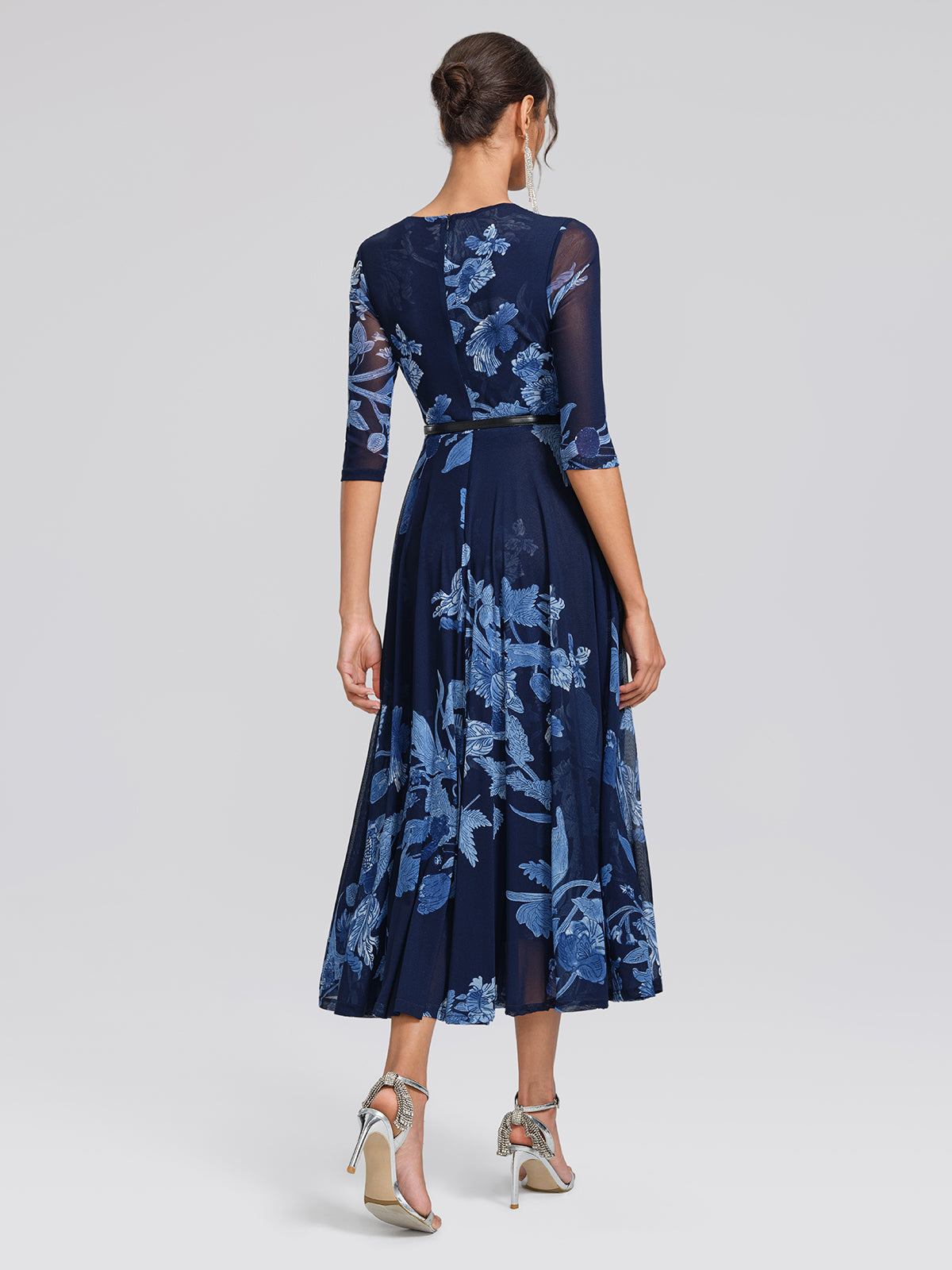 Floral Mesh V-Neck Maxi Dress (Belt Included)