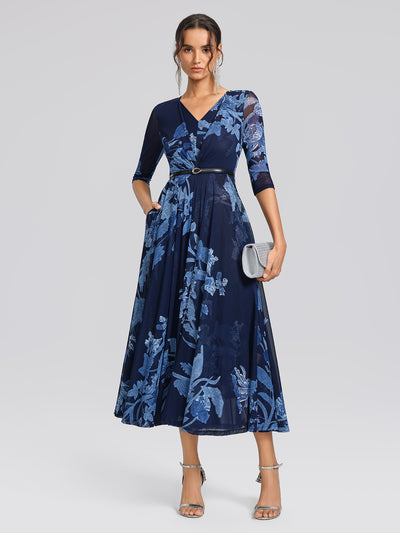 Floral Mesh V-Neck Maxi Dress (Belt Included)