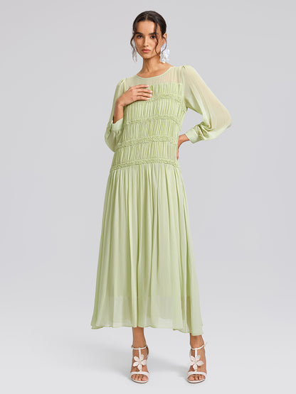 Smocked Pleated Dress (Belt Included)