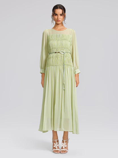 Smocked Pleated Dress (Belt Included)