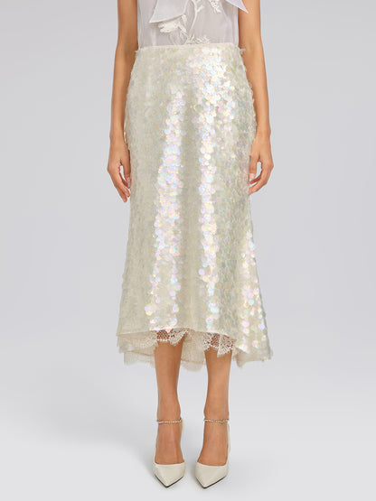 Iridescent Sequin Lace Trim Skirt