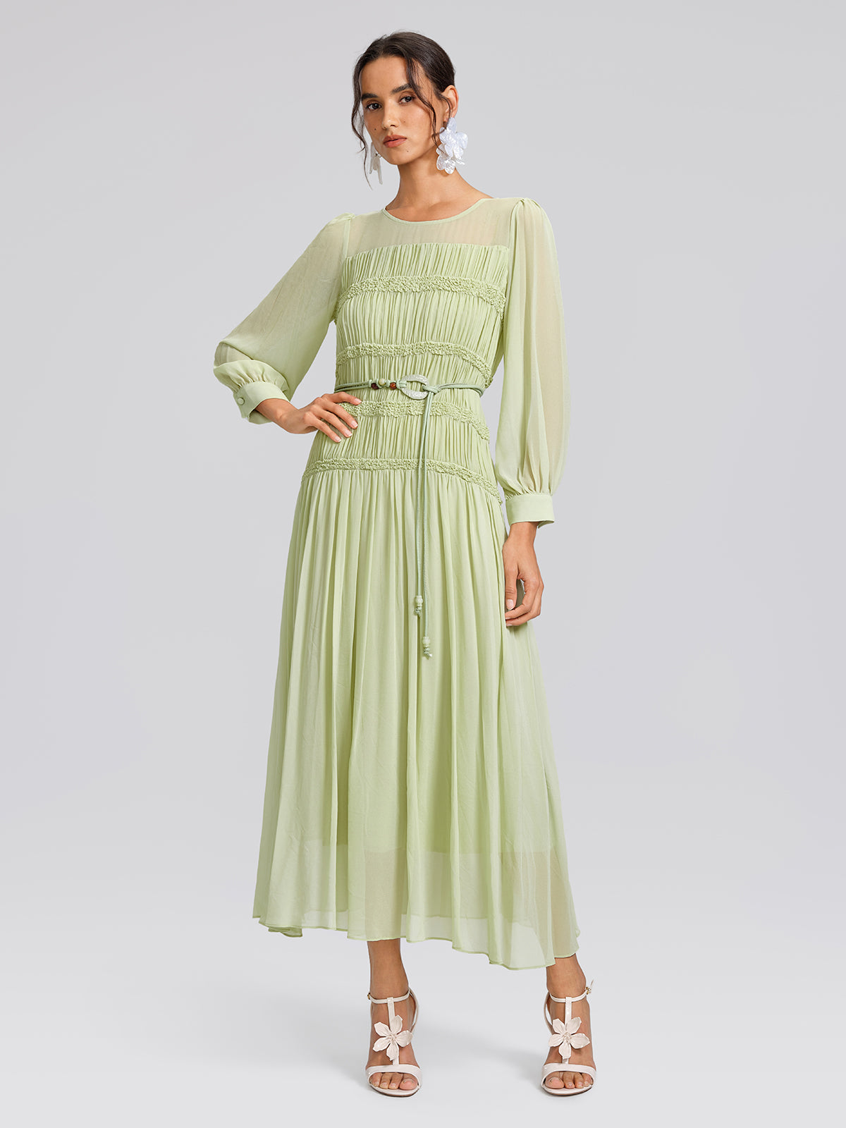 Women's Smocked Pleated Light Green Spring Summer Maxi Dress, Light Green / M