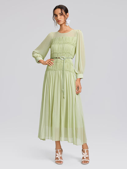 Smocked Pleated Dress (Belt Included)