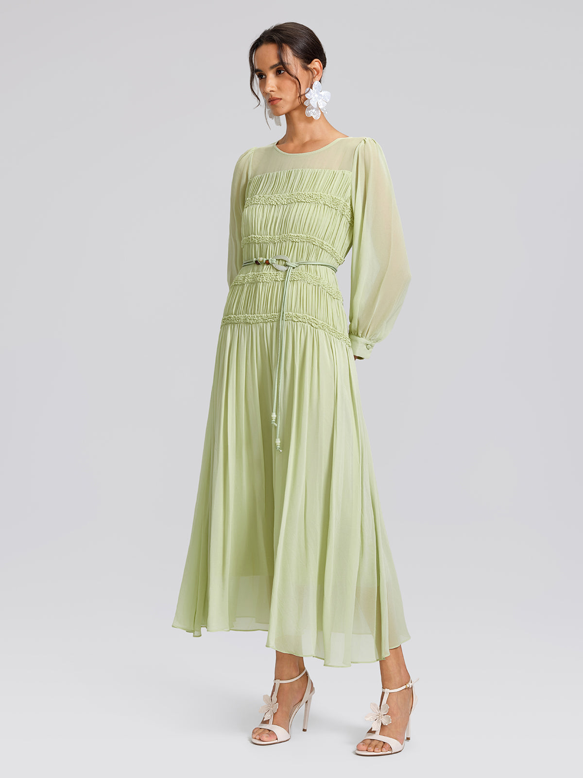 Women's Smocked Pleated Light Green Spring Summer Maxi Dress, Light Green / M