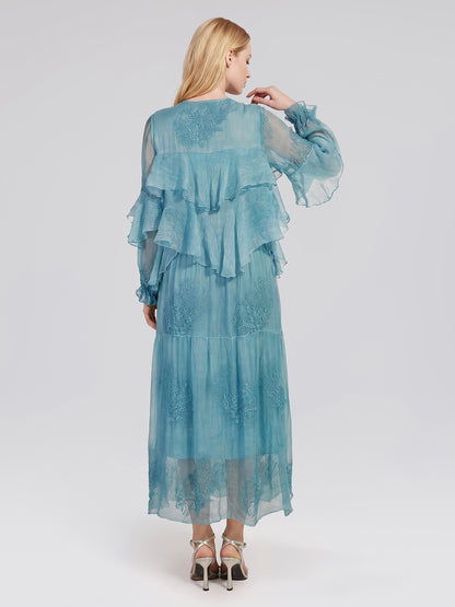 Washed Silk Floral Embroidered Dress