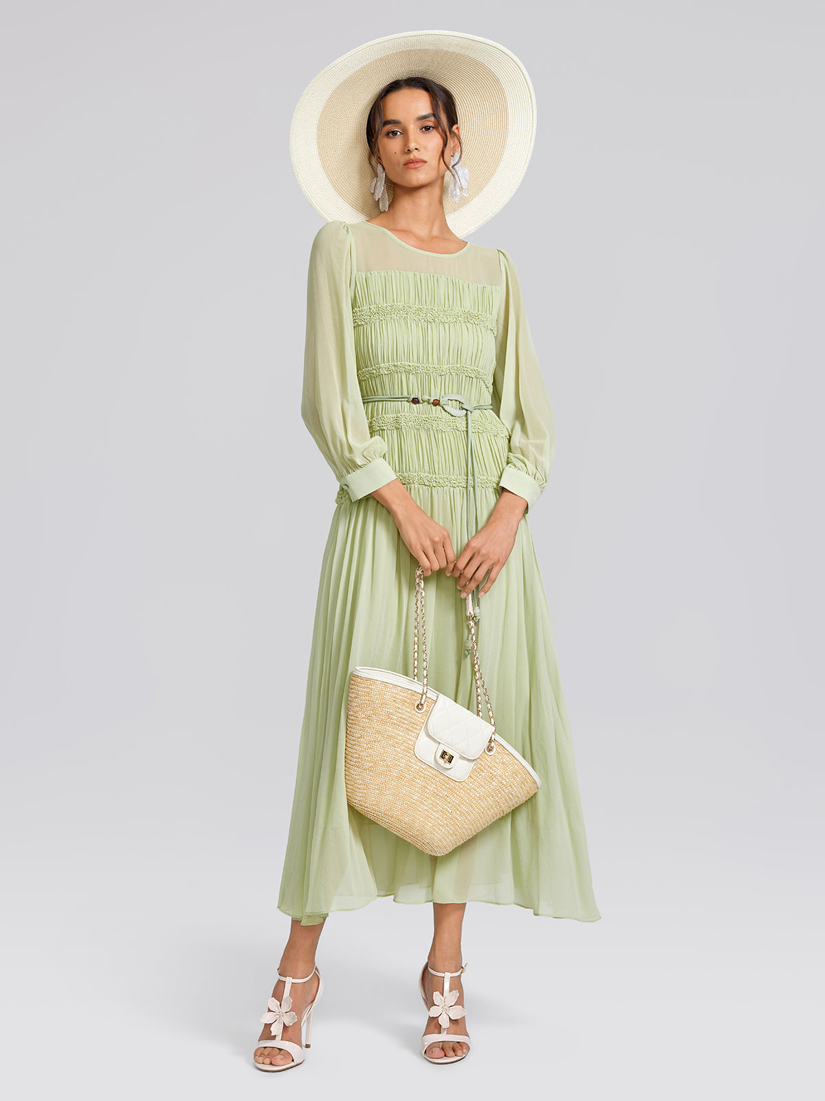 Smocked Pleated Dress (Belt Included)