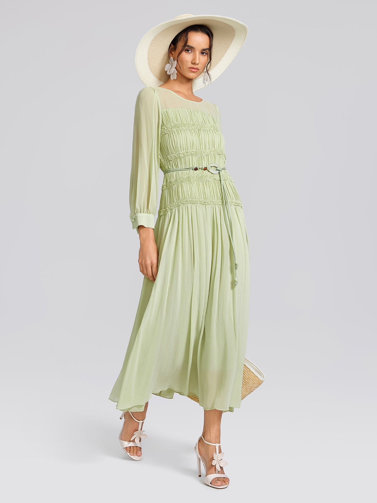 Women's Smocked Pleated Light Green Spring Summer Maxi Dress, Light Green / M