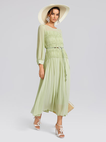 Smocked Pleated Dress (Belt Included)
