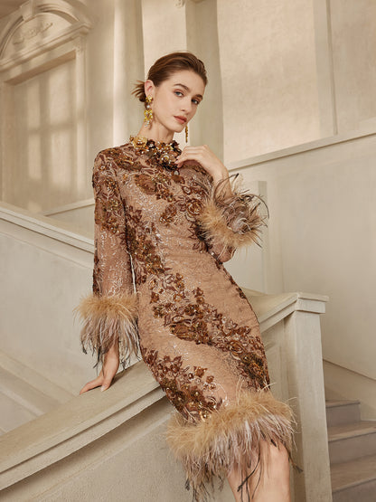 Hand-Beaded Floral Sequins & Feather Dress