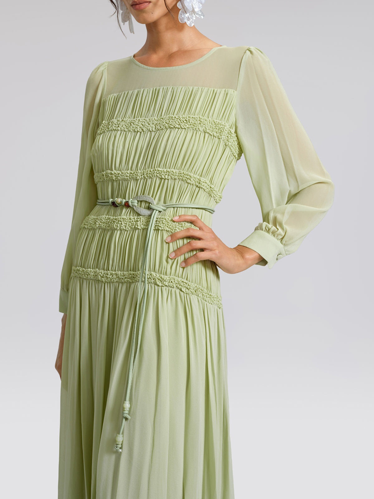 Smocked Pleated Dress (Belt Included)