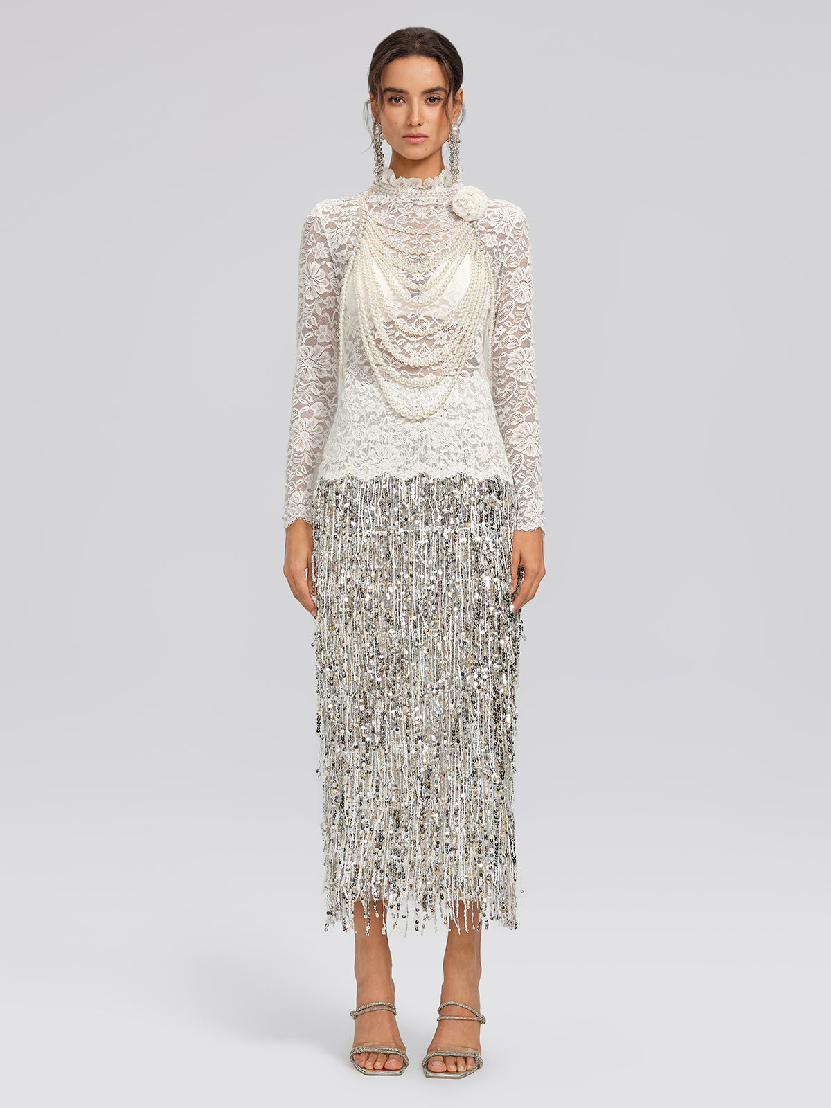 Lace Hand-Beaded Mock Neck Top (Detachable Flower Included)