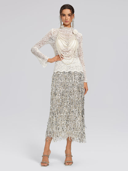 Lace Hand-Beaded Mock Neck Top (Detachable Flower Included)