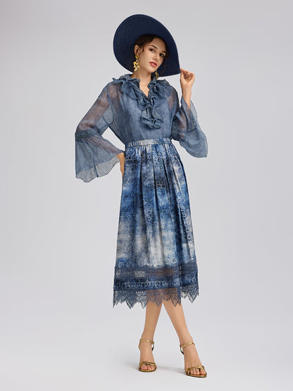 Silk Lace Ruffle Trim Blouse (100% Silk)