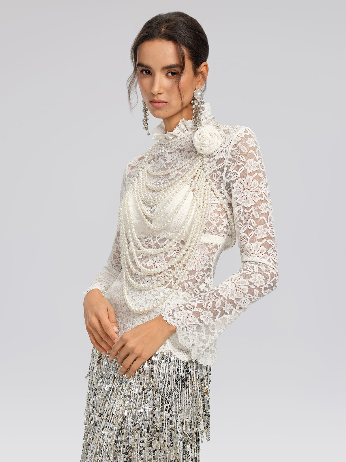 Lace Hand-Beaded Mock Neck Top (Detachable Flower Included)