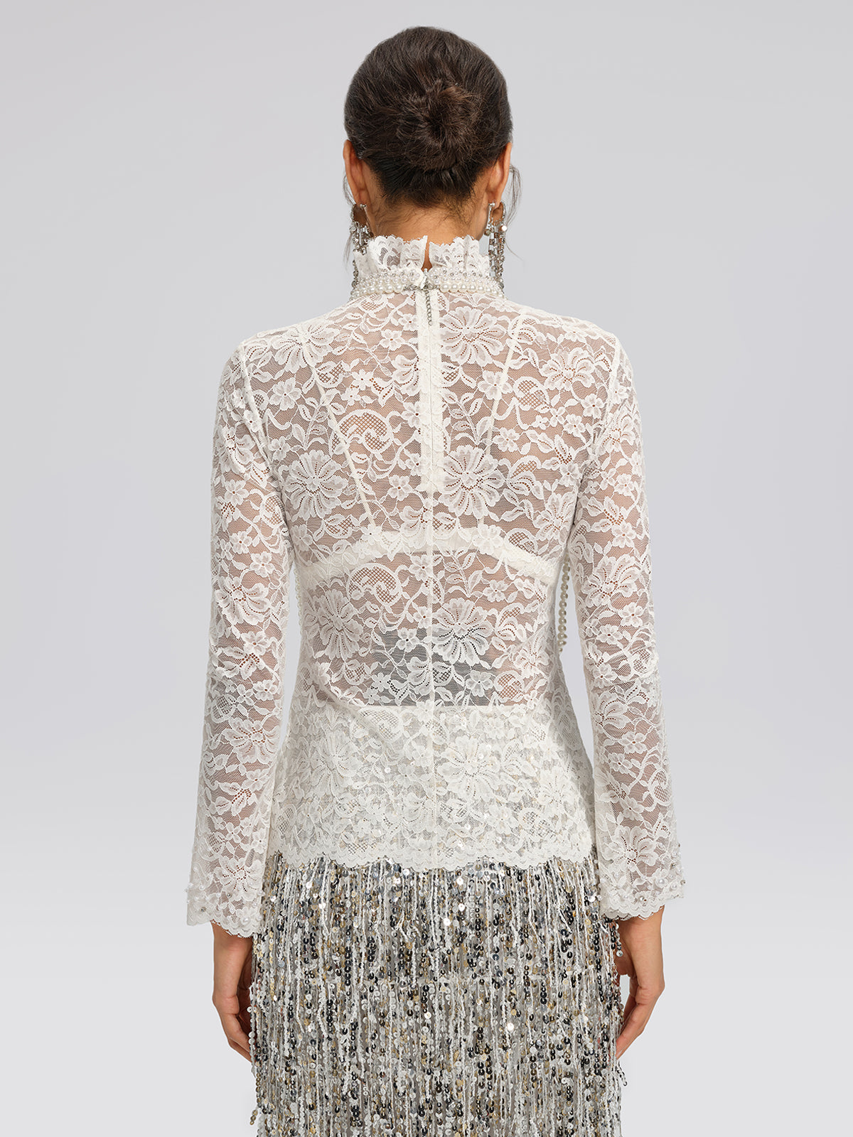 Lace Hand-Beaded Mock Neck Top (Detachable Flower Included)