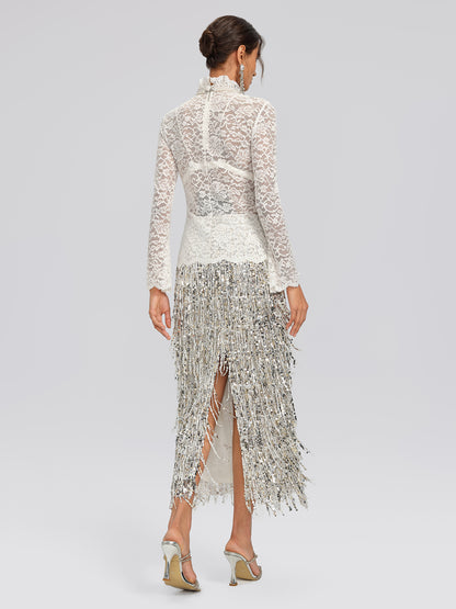 Lace Hand-Beaded Mock Neck Top (Detachable Flower Included)