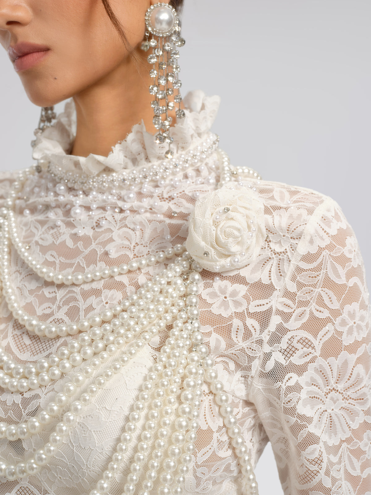 Lace Hand-Beaded Mock Neck Top (Detachable Flower Included)