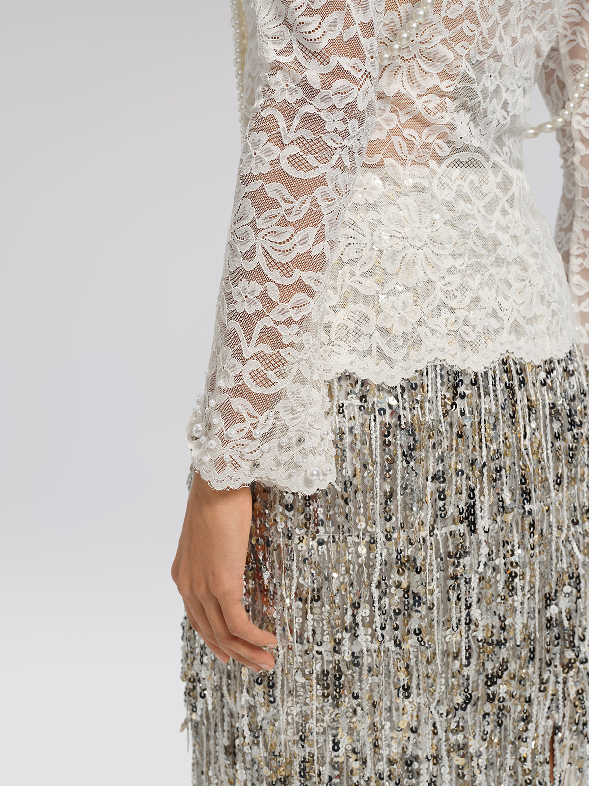 Lace Hand-Beaded Mock Neck Top (Detachable Flower Included)