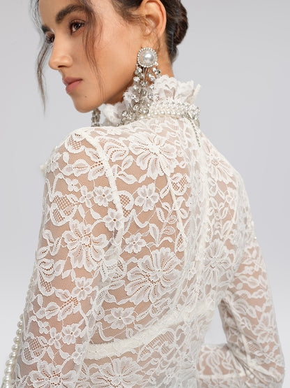 Lace Hand-Beaded Mock Neck Top (Detachable Flower Included)