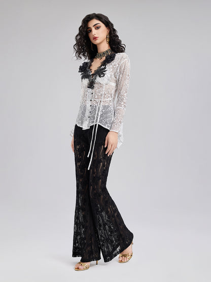 Two-Tone Lace V-neckline Shirt