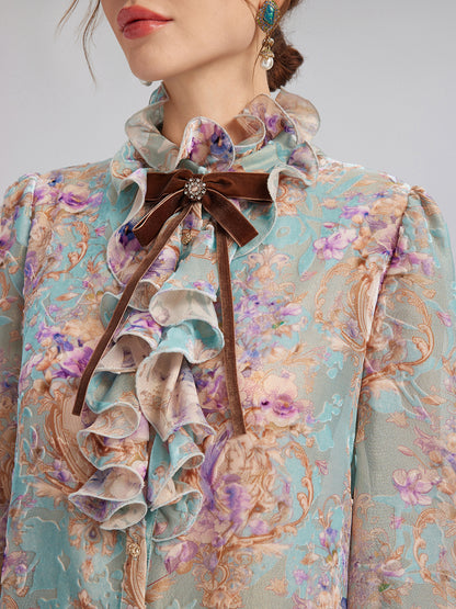 Silk Velvet Devoré Ribbon Bow Ruffle Blouse