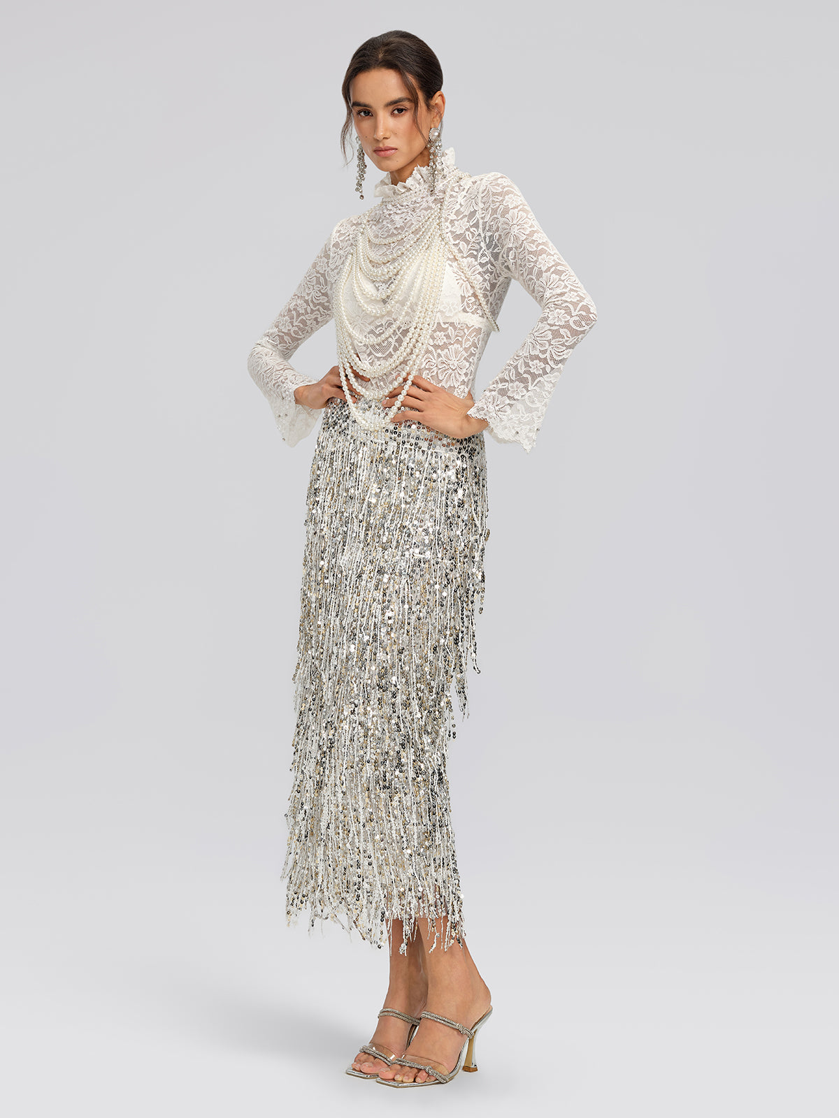 Lace Hand-Beaded Mock Neck Top (Detachable Flower Included)