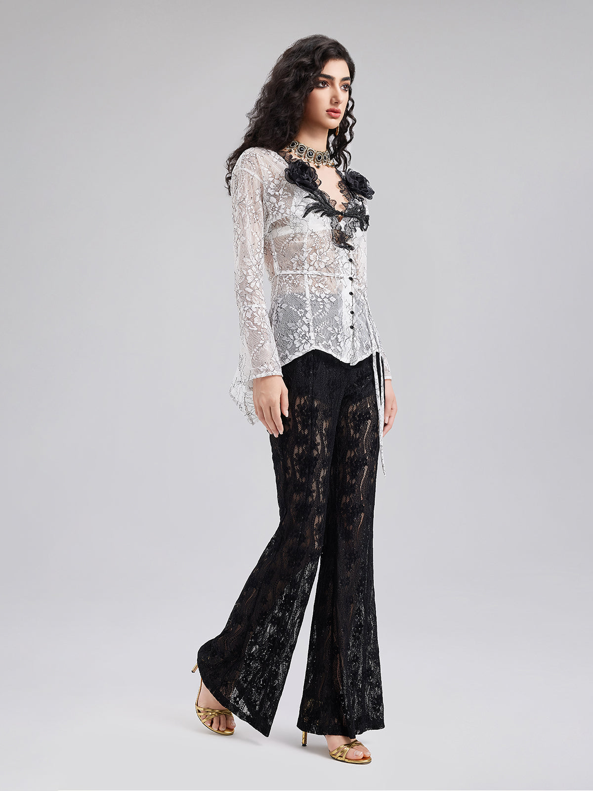 Two-Tone Lace V-neckline Shirt