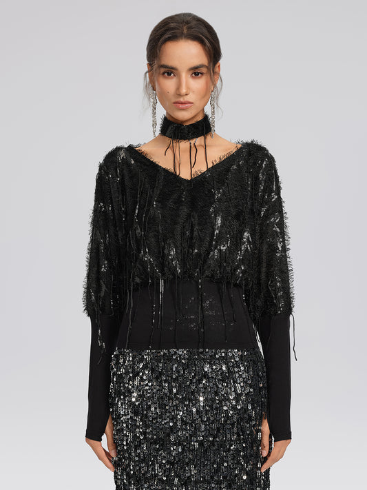Batwing Stretch Sequin Fringe Top