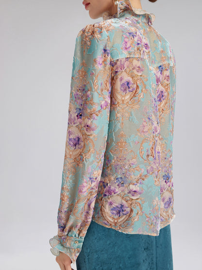 Silk Velvet Devoré Ribbon Bow Ruffle Blouse