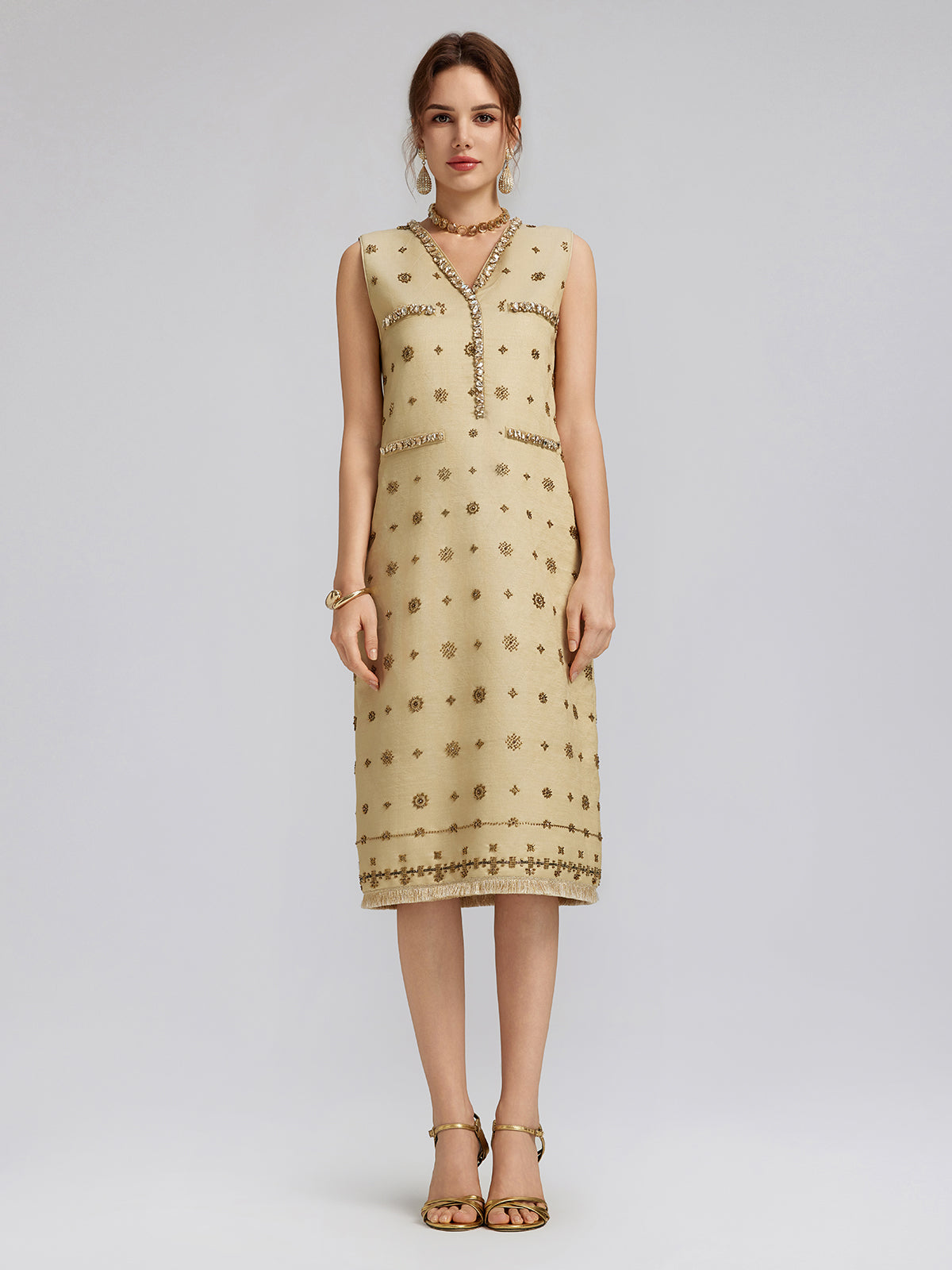 Hand-Beaded Fringe Sleeveless Dress