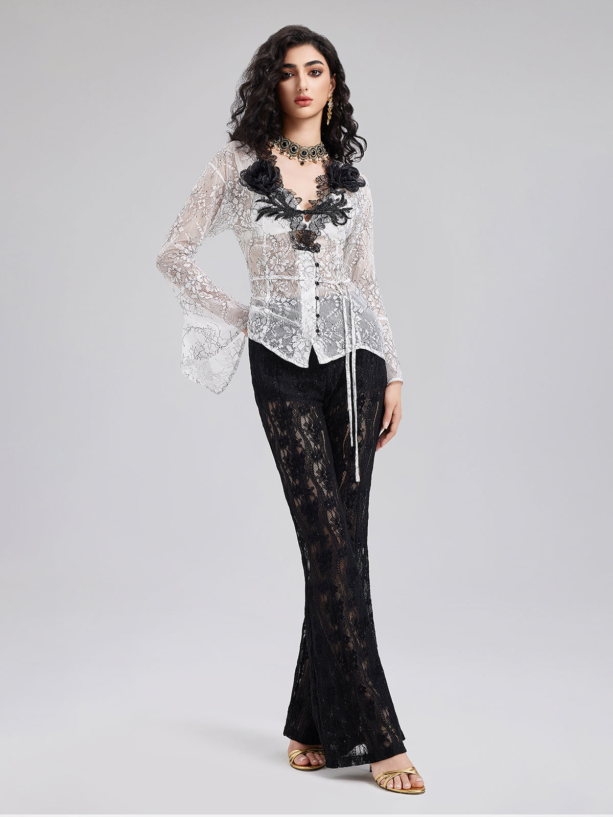 Two-Tone Lace V-neckline Shirt