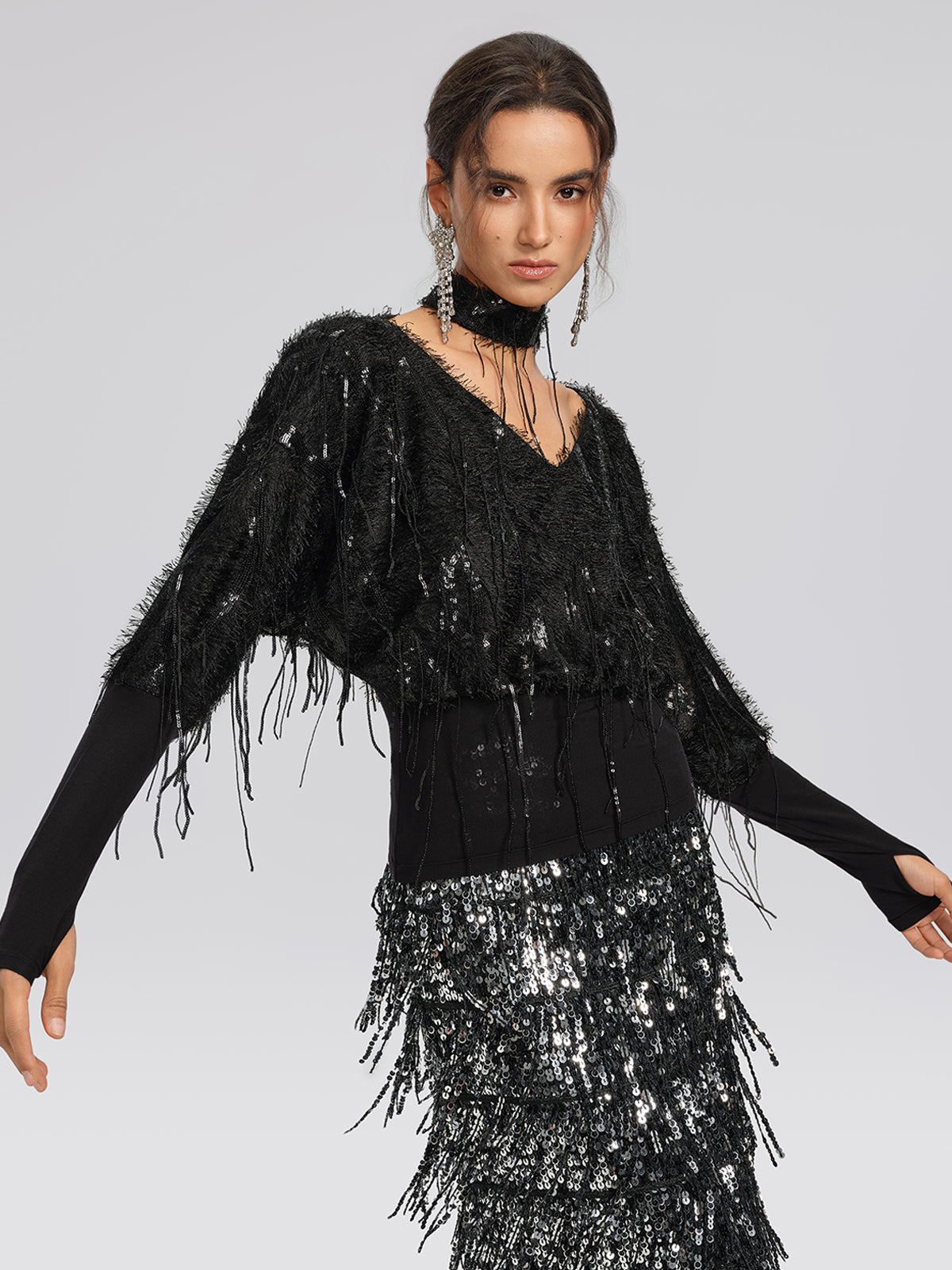 Batwing Stretch Sequin Fringe Top