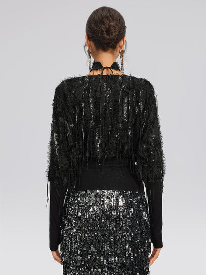 Batwing Stretch Sequin Fringe Top