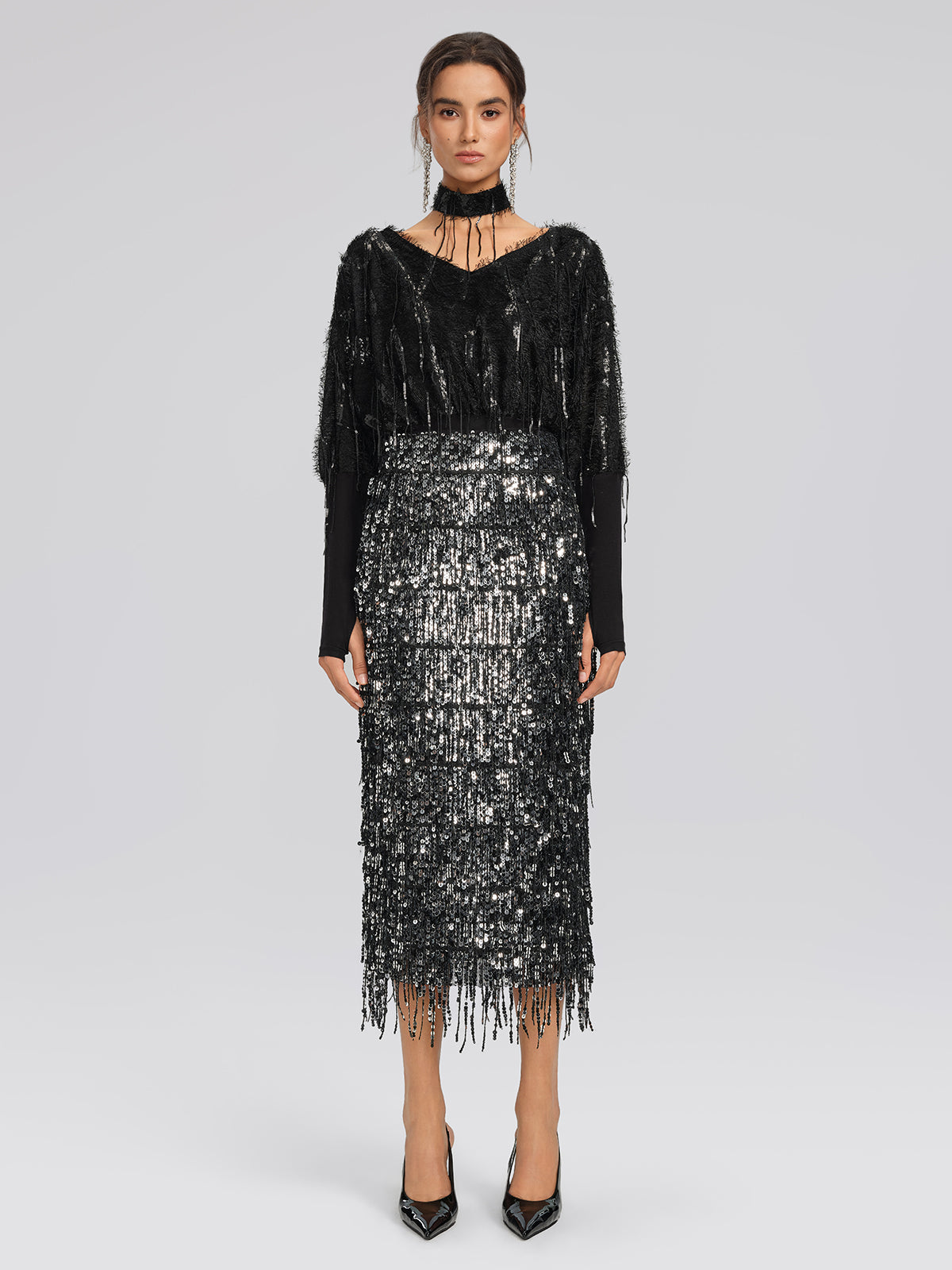 Batwing Stretch Sequin Fringe Top