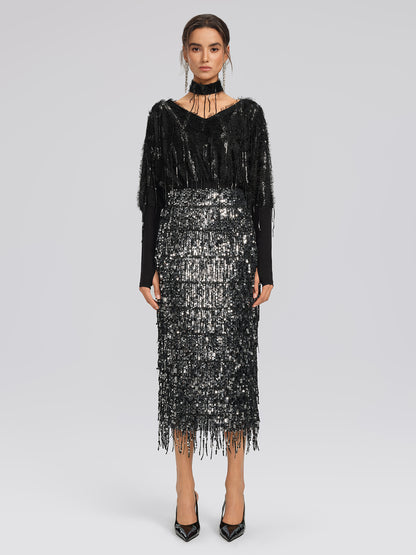 Batwing Stretch Sequin Fringe Top