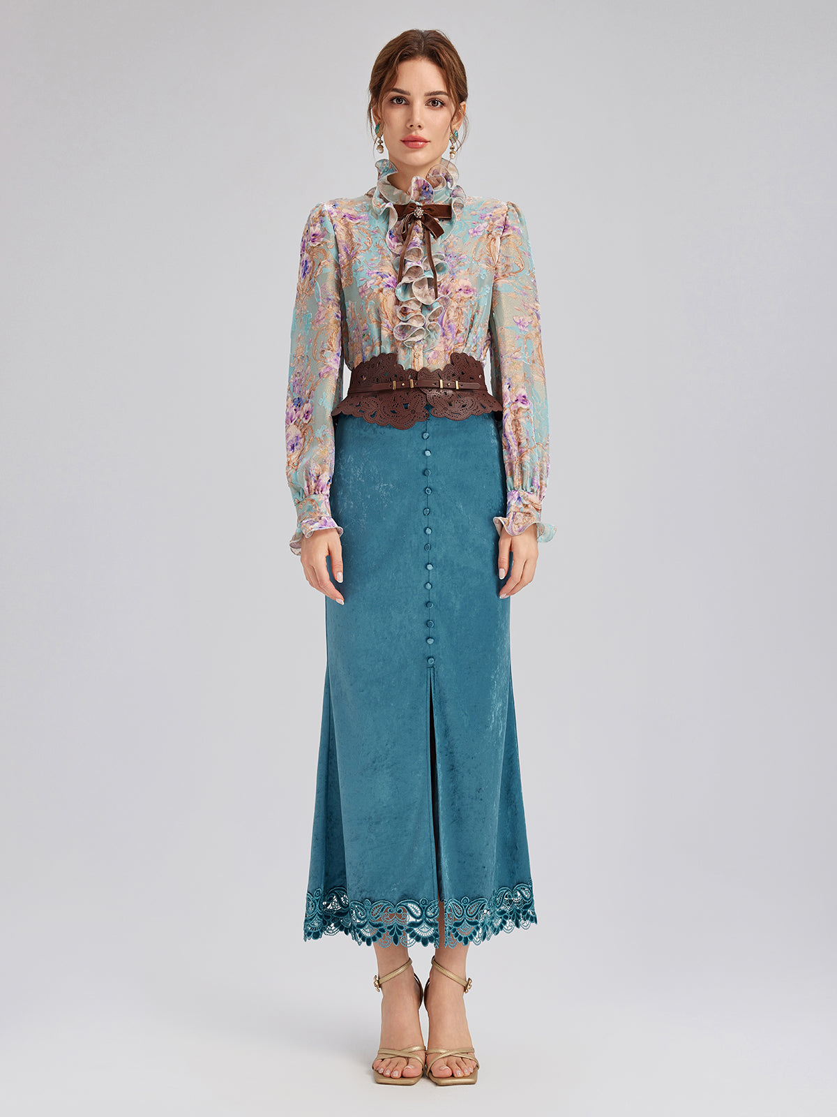 Velvet Lace-Trim Front Slit Fishtail Skirt