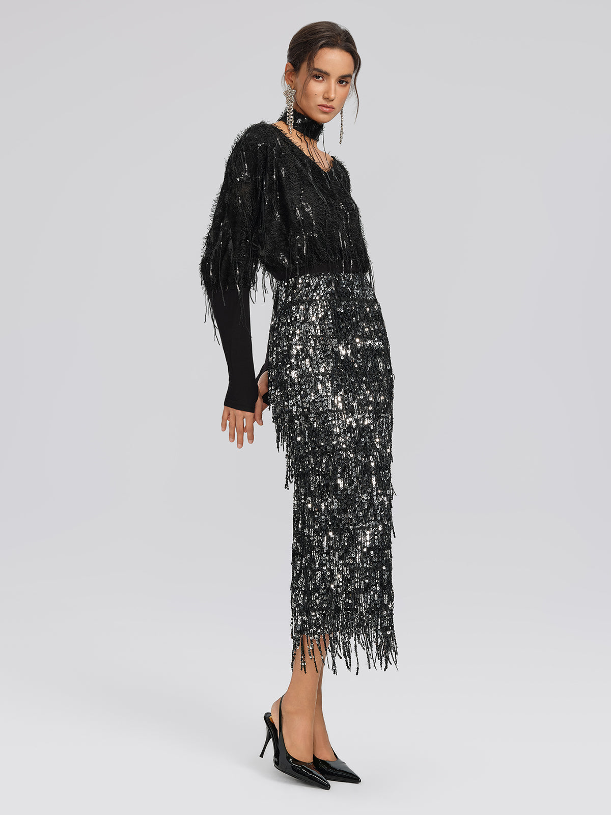 Batwing Stretch Sequin Fringe Top