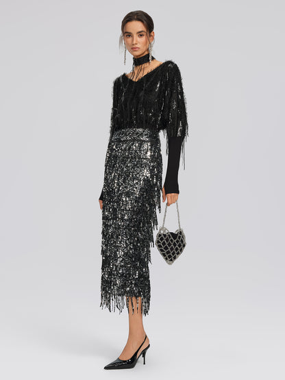 Batwing Stretch Sequin Fringe Top