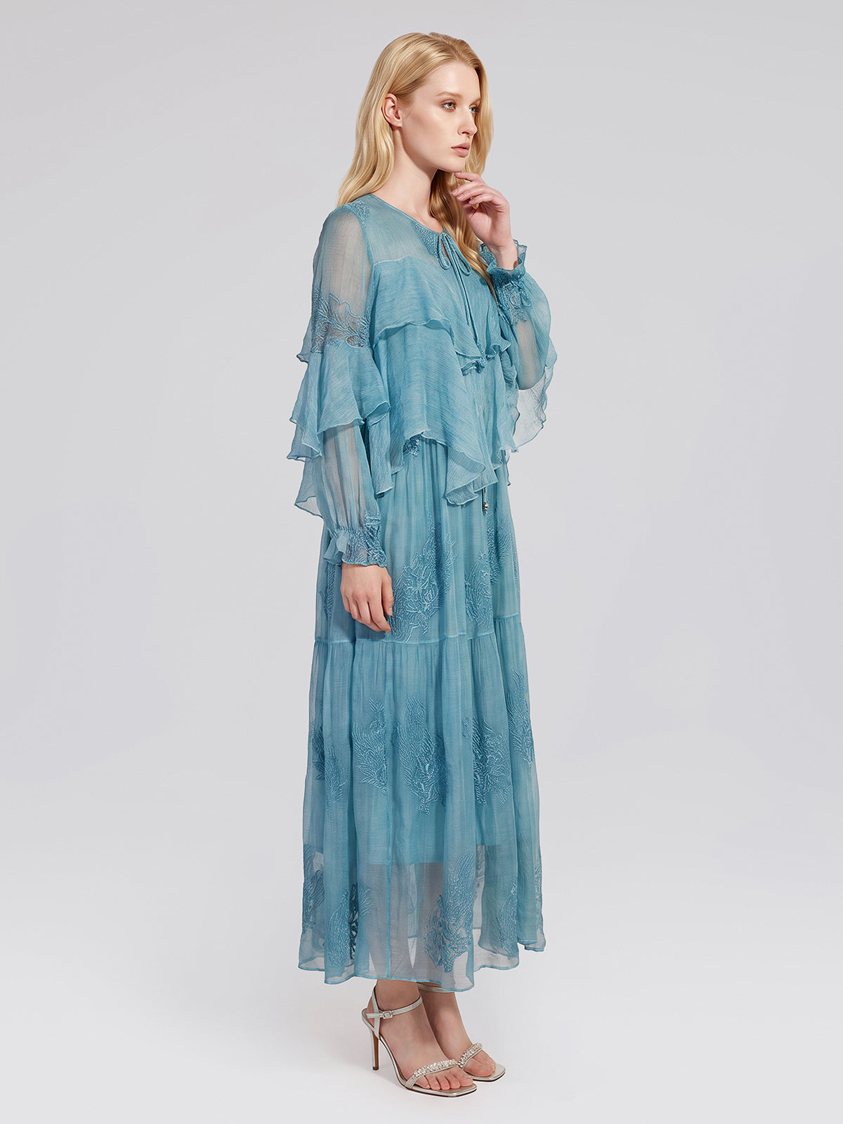 Washed Silk Floral Embroidered Dress