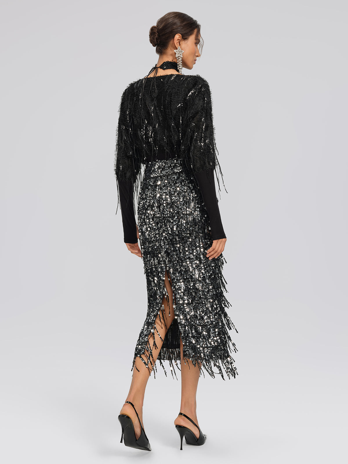 Batwing Stretch Sequin Fringe Top
