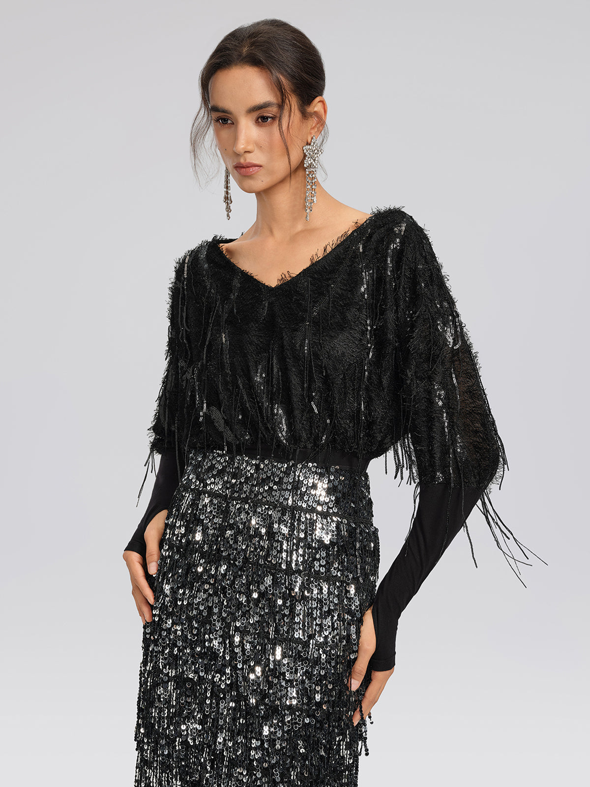 Batwing Stretch Sequin Fringe Top