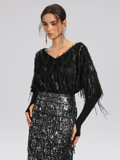 Batwing Stretch Sequin Fringe Top