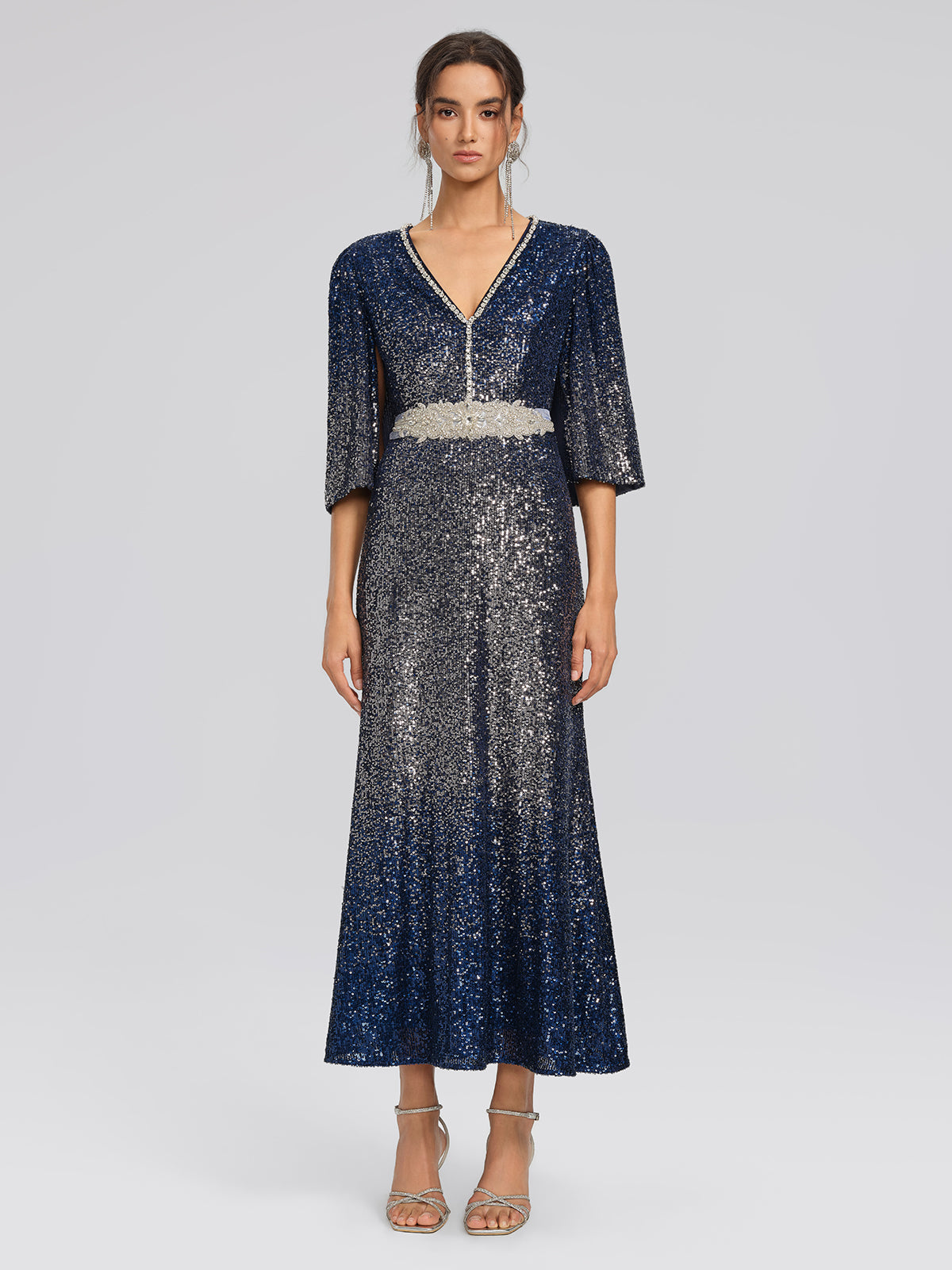 Gradient Sequin Cape Sleeve Dress (Belt Not Included)