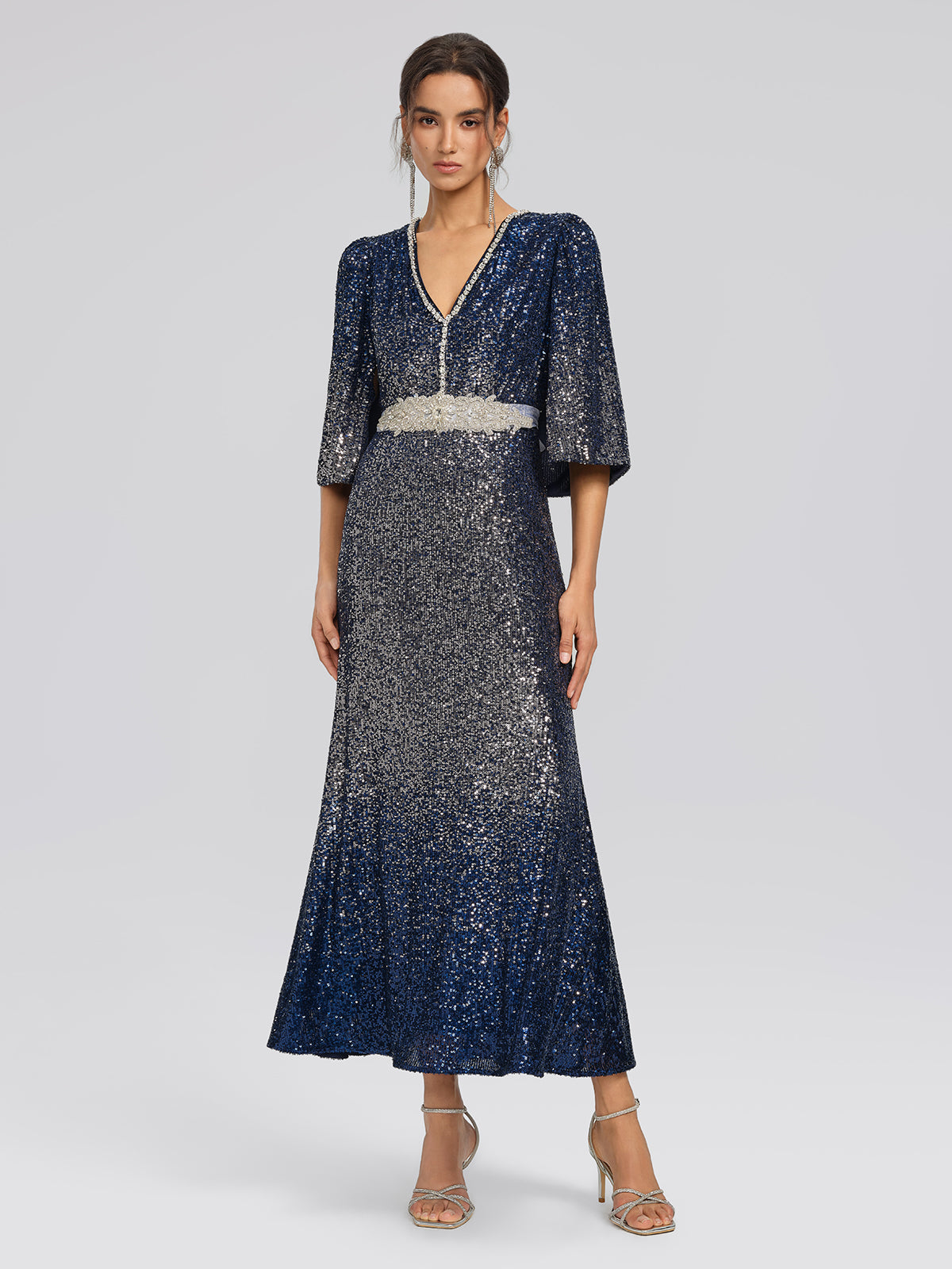 Gradient Sequin Cape Sleeve Dress (Belt Not Included)