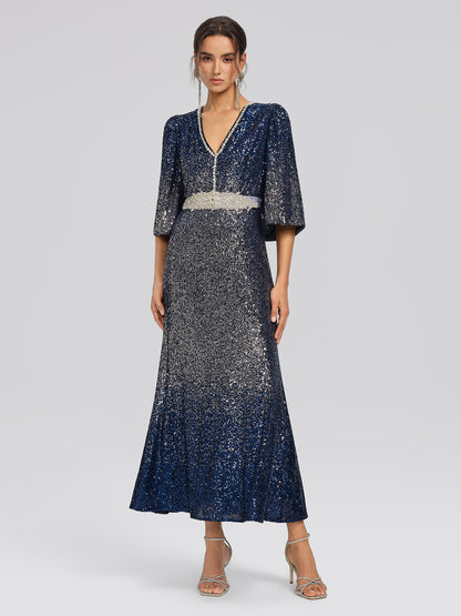 Gradient Sequin Cape Sleeve Dress (Belt Not Included)