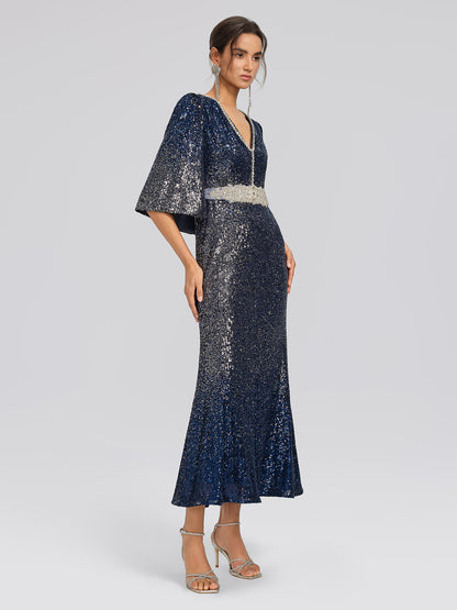 Gradient Sequin Cape Sleeve Dress (Belt Not Included)