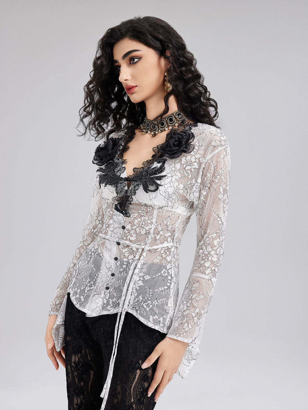 Two-Tone Lace V-neckline Shirt