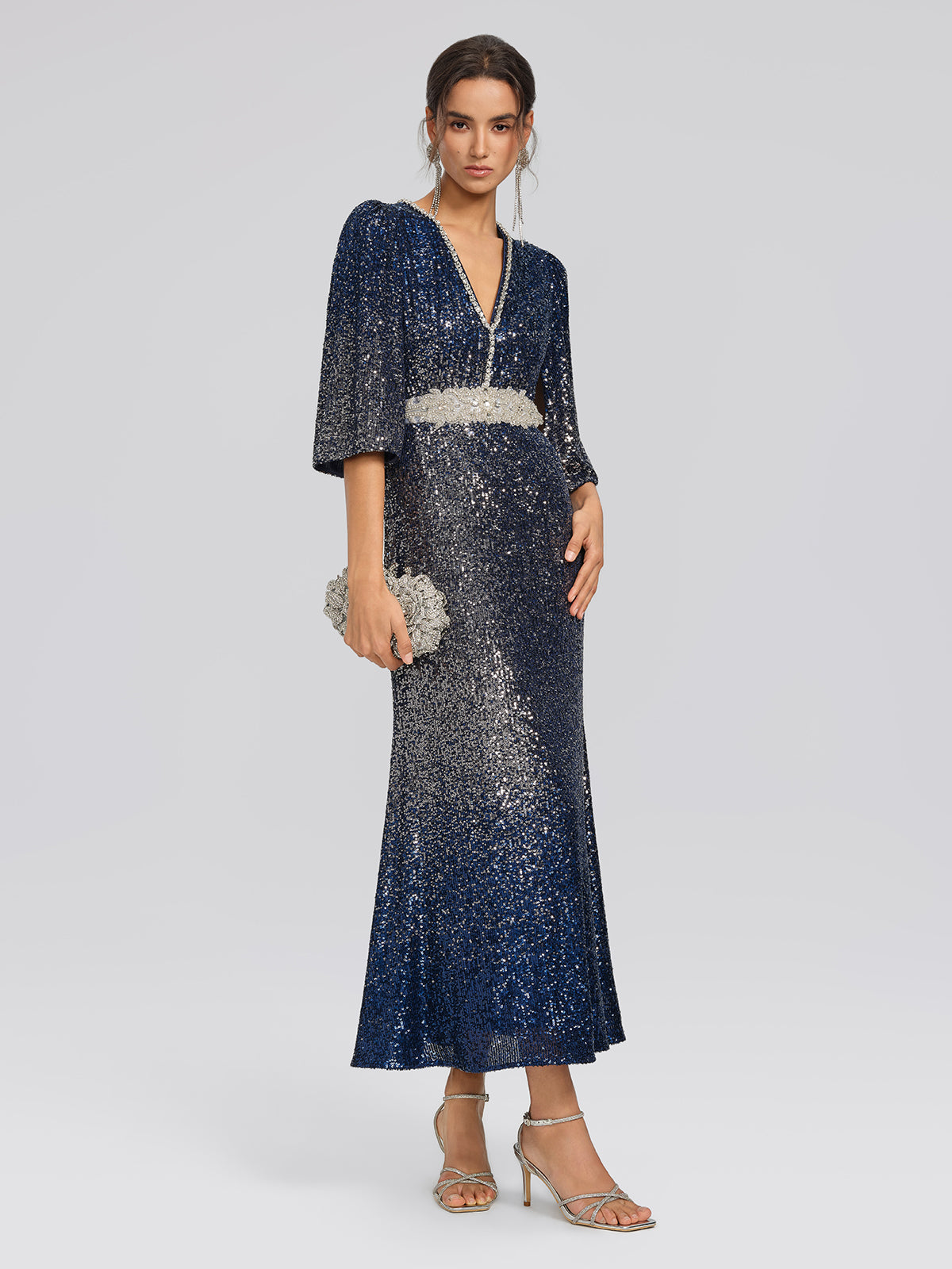 Gradient Sequin Cape Sleeve Dress (Belt Not Included)