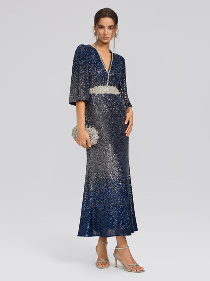 Gradient Sequin Cape Sleeve Dress (Belt Not Included)