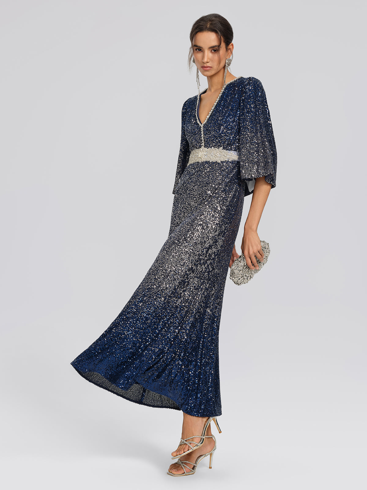 Gradient Sequin Cape Sleeve Dress (Belt Not Included)